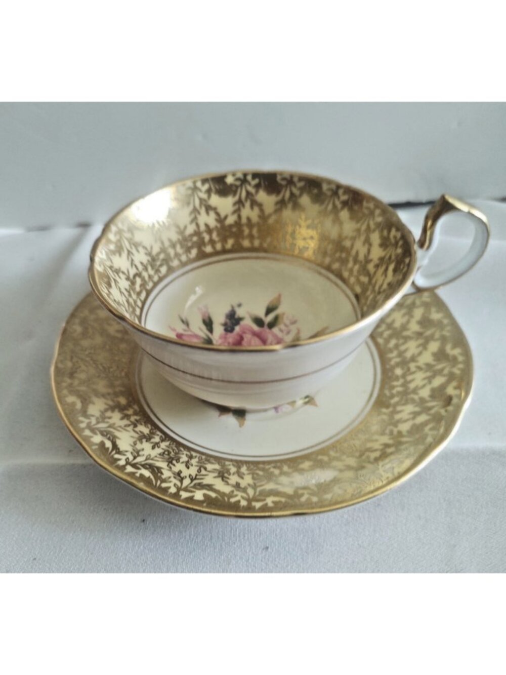 Vintage Aynsley Hand Painted Mouth Tea Cup & Saucer Set Cabbage Rose & Gold
